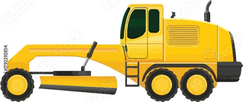 Heavy Equipment Motor Grader Side View Illustration, Yellow Road Construction Machine Vector