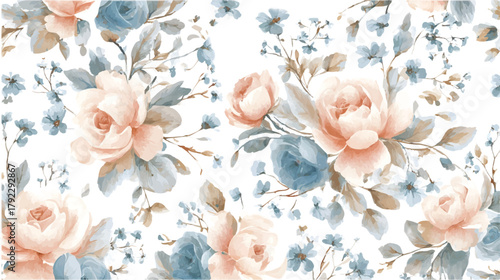 Watercolor floral pattern featuring arrangements of delicate blush pink and dusty blue roses, complemented by small blue flowers and subtle leaves, forming a seamless, romantic, and vintage design