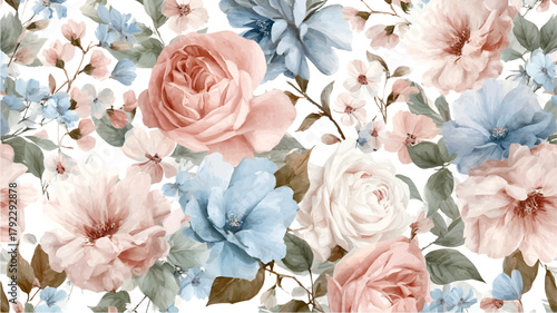 Seamless watercolor floral pattern showcasing blooming roses and smaller flowers with lush green foliage, creating a timeless and romantic aesthetic against a white background