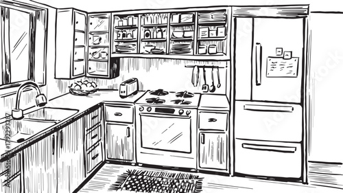 Ink illustration of a rustic English kitchen — farmhouse cabinets, open shelves, stove, sink, vintage appliances, black-and-white hand-drawn interior art