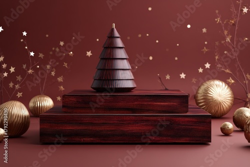 Stylized wooden podium setup features a decorative tiered tree surrounded by glittering golden ornaments against a deep maroon background