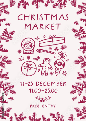 Christmas fair advertising poster template. Festive market flyer with gift boxes, gingerbread man, Christmas ball and fir tree branches.