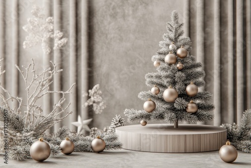 Minimalist festive scene displays a small frosted evergreen centerpiece decorated with ornaments upon a wooden pedestal