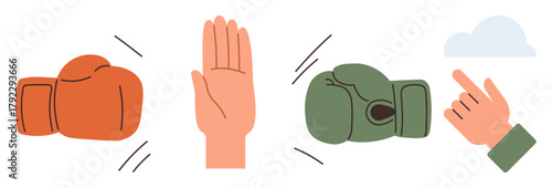 Red boxing glove, raised hand, green boxing glove, and pointing finger representing conflict, resolution, balance, negotiation, compromise, teamwork and decision-making in a simple flat metaphor