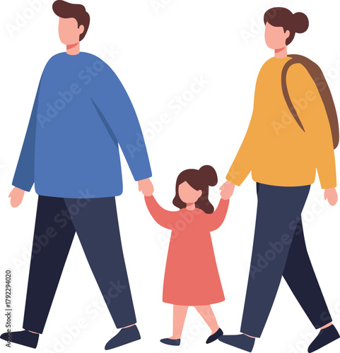 Cartoon family walking together, parents and child holding hands, casual clothing, age contrast, bonding moment, vector illustration, white background