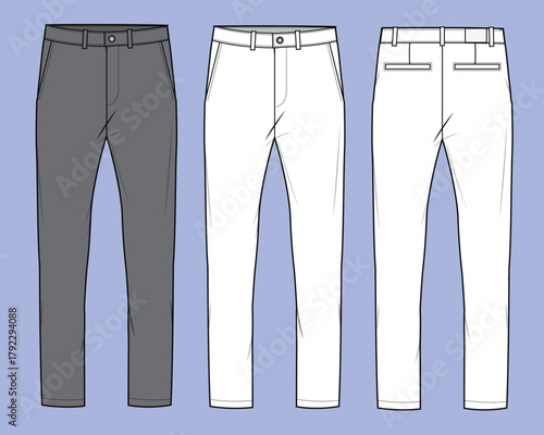 Male formal pant technical line drawing vector mockup template.
