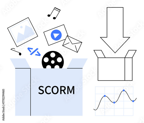 Open box filled with multimedia items thumbs up images, videos, code, and music, next to a chart, arrow, and empty box. Ideal for e-learning, content export online study training data
