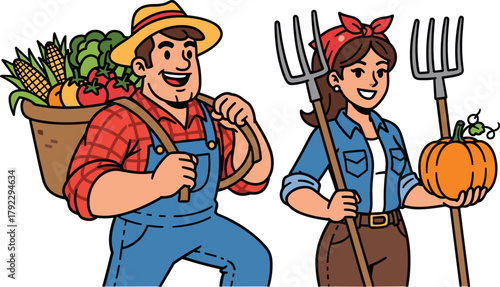 Cartoon farmers with harvest tools and produce, agriculture lifestyle, pumpkin and vegetables, teamwork in farming, vector illustration, white background, rural scene