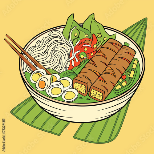 Illustration of a Vietnamese noodle bowl with spring rolls, vermicelli, quail eggs, vegetables, and chopsticks, resting on banana leaves.