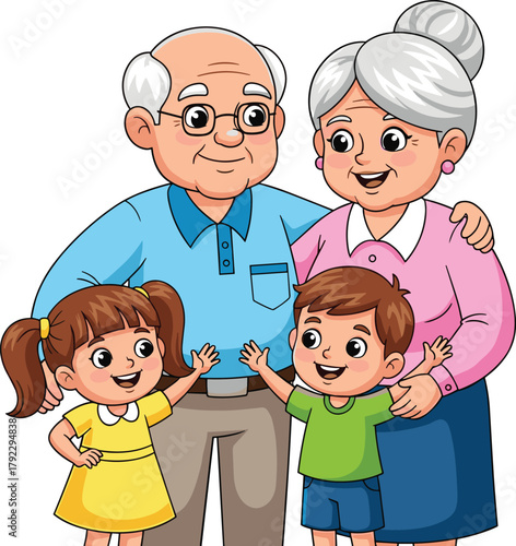 Cartoon grandparents with grandchildren vector illustration, family bonding moment, cheerful expression, intergenerational love, warm embrace, happy characters, affection, togetherness, kids, joy