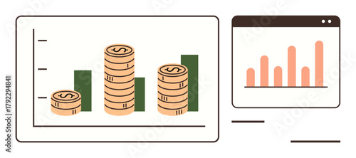 Charts with coin stacks and data bars highlight financial growth, analytics, investment, and progress. Ideal for business, strategy, economy, management, finance startups and success symbol simple