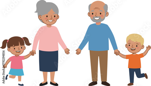 Cartoon grandparents holding hands with cheerful grandchildren, family bonding, age contrast, intergenerational connection, happy moment, vector illustration, togetherness