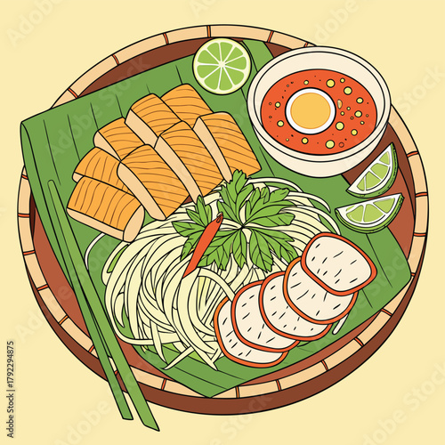 Illustration of a plate of Pad Thai with tofu, noodles, and sauce.