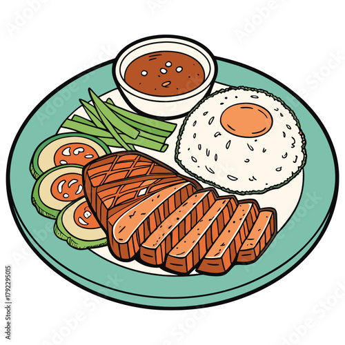 Illustration of a plate with sliced meat, rice, vegetables, and a dipping sauce.