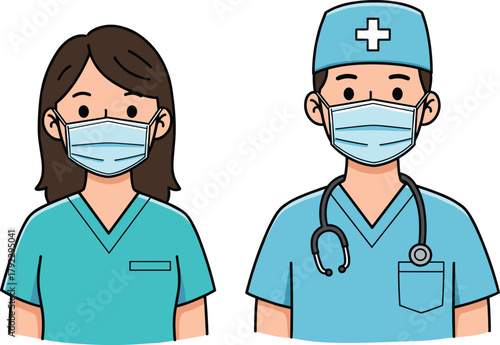 Cartoon healthcare workers in teal scrubs with face masks and stethoscope, medical professionals, hospital staff, safety, health, vector illustration