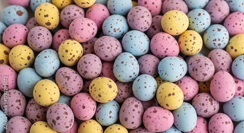 Close up of Assorted Speckled Easter Eggs in Pastel Hues