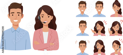 Cartoon man and woman with multiple facial expressions and gestures, emotional reactions, character design, communication, mood variations, vector illustration