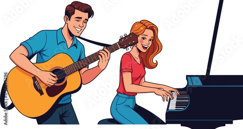 Cartoon musicians playing acoustic guitar and grand piano, cheerful duet performance, musical harmony, indoor scene, vector illustration, white background, creative moment