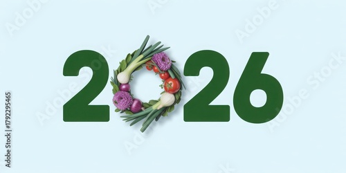 Green 2026 numbers with a healthy wreath of fresh vegetables and herbs in the center
