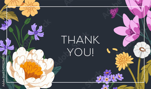 Design of thanks card with different flowers for wedding invitation. Template of postcard with floral decor and thank you. Layout with wildflowers, blooming plants and leaves. Flat vector illustration