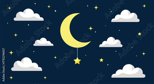 Yellow crescent moon with hanging star and clouds on dark blue night sky yellow moon