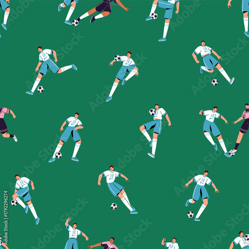 Repeatable pattern of football players running on green field and passing goal. Endless background of athletes playing soccer and hitting ball. Sports game. Flat seamless vector illustration