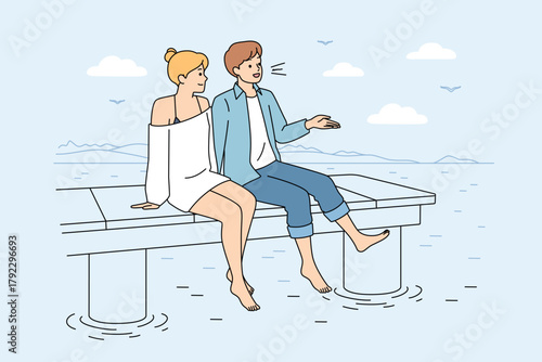 Seaside couple chatting, Relaxed scene with ocean and gentle clouds