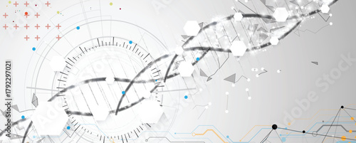 Futuristic hexagons, DNA strands, connected neural web