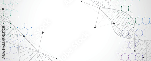 Futuristic hexagons, DNA strands, connected neural web