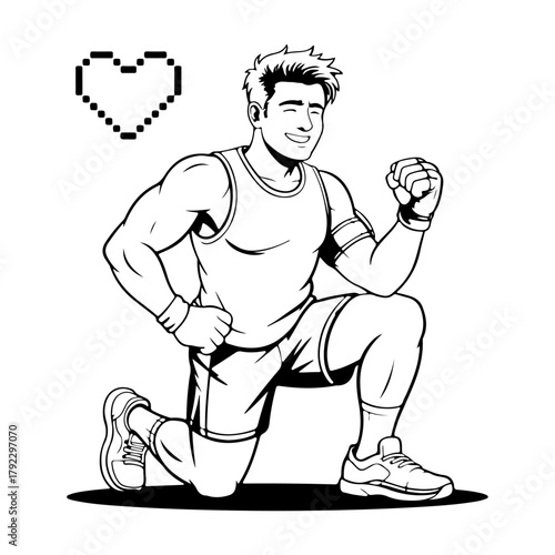 a man kneeling down with a heart in the background