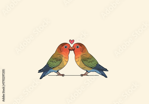 Two Cartoon Lovebirds Kissing with a Heart Above Them.