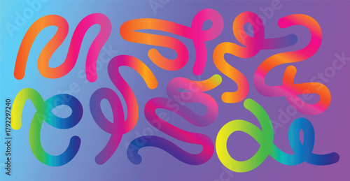 Swirling abstract gradient tubes in vibrant rainbow colors on purple blue background flowing