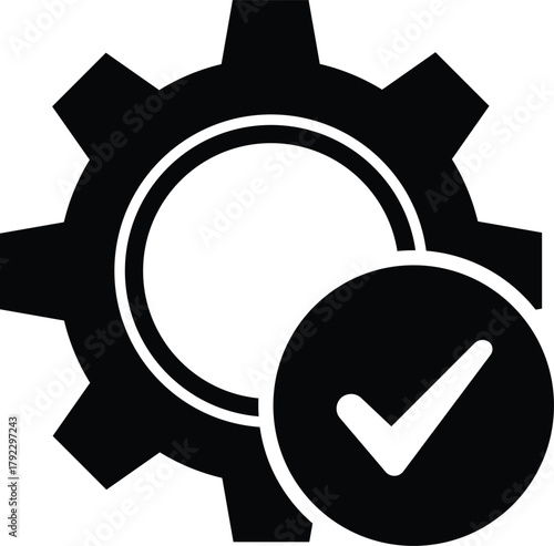 Black gear symbol with white check mark inside a circle cogwheel tick vector