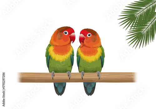 Two Colorful Lovebirds Perched on a Branch Tropical Birds Illustration.