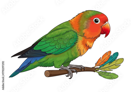 Colorful Lovebird Perched on a Branch with Feathers Illustration.