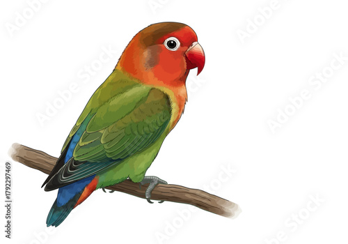 Colorful Lovebird Perched on a Branch Illustration.