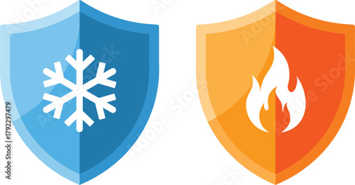 Blue shield with snowflake and orange shield with flame white snowflake