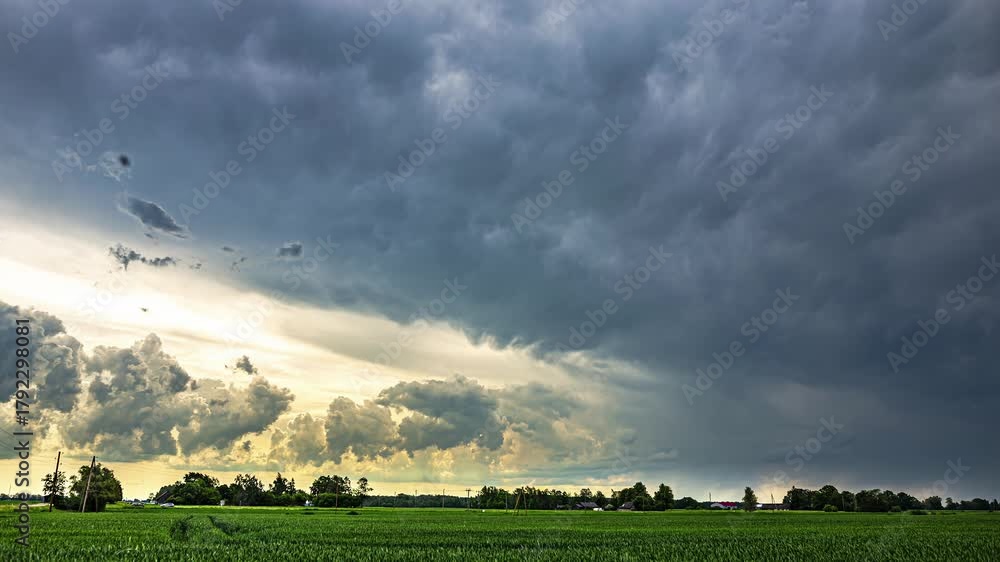 Dramatic, powerful thunderstorm clouds rolling over a green field and rural landscape