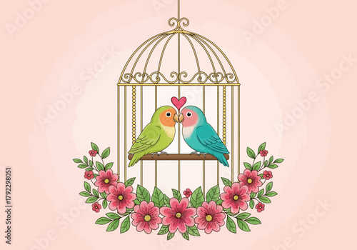 Two Lovebirds in a Golden Cage with Pink Flowers and a Heart.