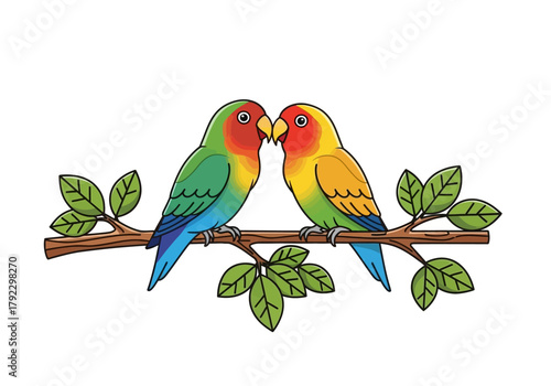 Two Colorful Lovebirds Perched on a Branch with Green Leaves Cartoon Style.