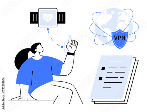 Person interacting with a smartwatch showing heart rate, globe with VPN shield for data security, checklist. Ideal for health monitoring, cybersecurity, privacy, technology, connectivity