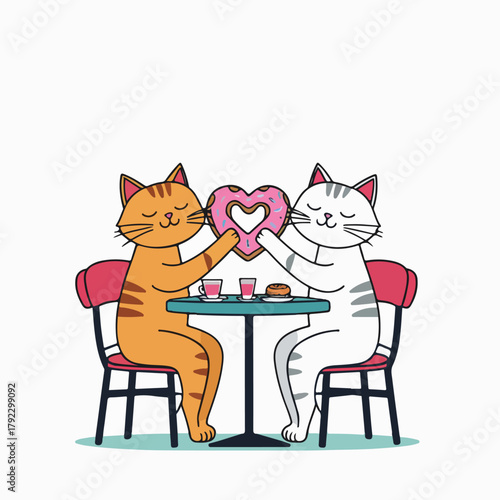 two cats sitting at a café table sharing a pink heart-shaped donut