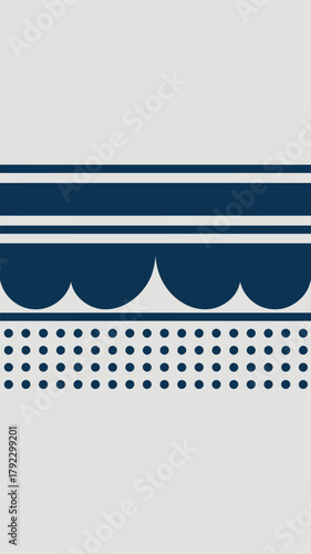 A simple design with blue stripes scallops and dots on a white background in a vertical format