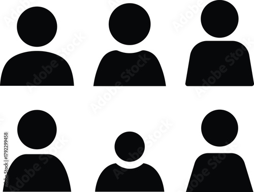Six Black Silhouette Human Icons With Round Heads And Rounded Shoulders person avatar