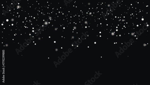 Snow overlay on rectangular black background. Snowfall. Falling snowflakes and grains, white, translucent, blurred. Winter template. Vector graphics