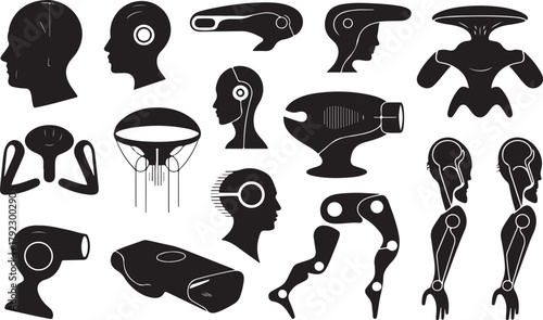 Vector cartoon illustration set of funny black silhouettes of people, women, cats, dogs, bears, birds, fish, and monster animals icon collection sign art design