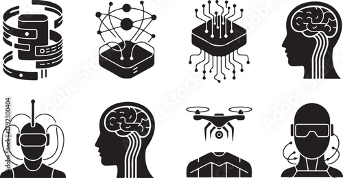 Black vector illustration set of skull and crossbones icons and silhouettes