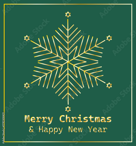 Tarjeta de navidad y año nuevo con copo de nieve dorado en fondo verde esmeralda