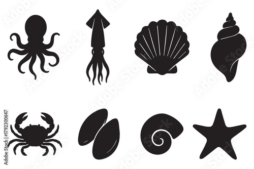 Collection of black silhouette icons featuring sea life and shells: octopus, squid, crab, scallop, conch, starfish, mollusk, mussels. Marine animal shapes. Underwater world. Biodiversity.