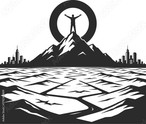 Silhouette person standing on mountain peak with arms outstretched